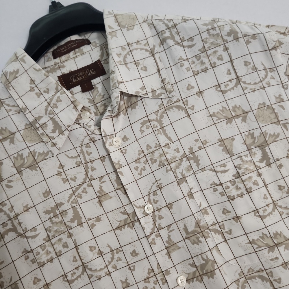 Tasso Elba Island Silk Linen Shirt Mens Large Tan Beige Checkered SS Button